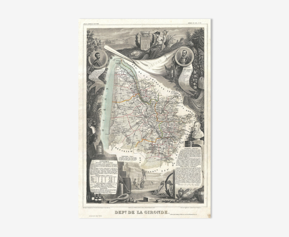 Gravure illustration réhaussée couleurs des 86 départements et possessions de la France en 1852
