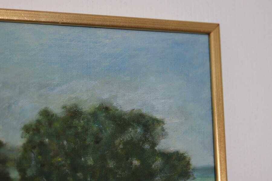 Original Swedish oil on canvas – “Landscape with Farm” by H. Engkvist – dated 1983 – vintage & framed – 41 × 50 cm (16.1" × 19.7")