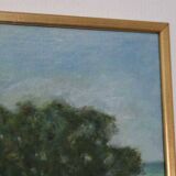 Original Swedish oil on canvas – “Landscape with Farm” by H. Engkvist – dated 1983 – vintage & framed – 41 × 50 cm (16.1" × 19.7")