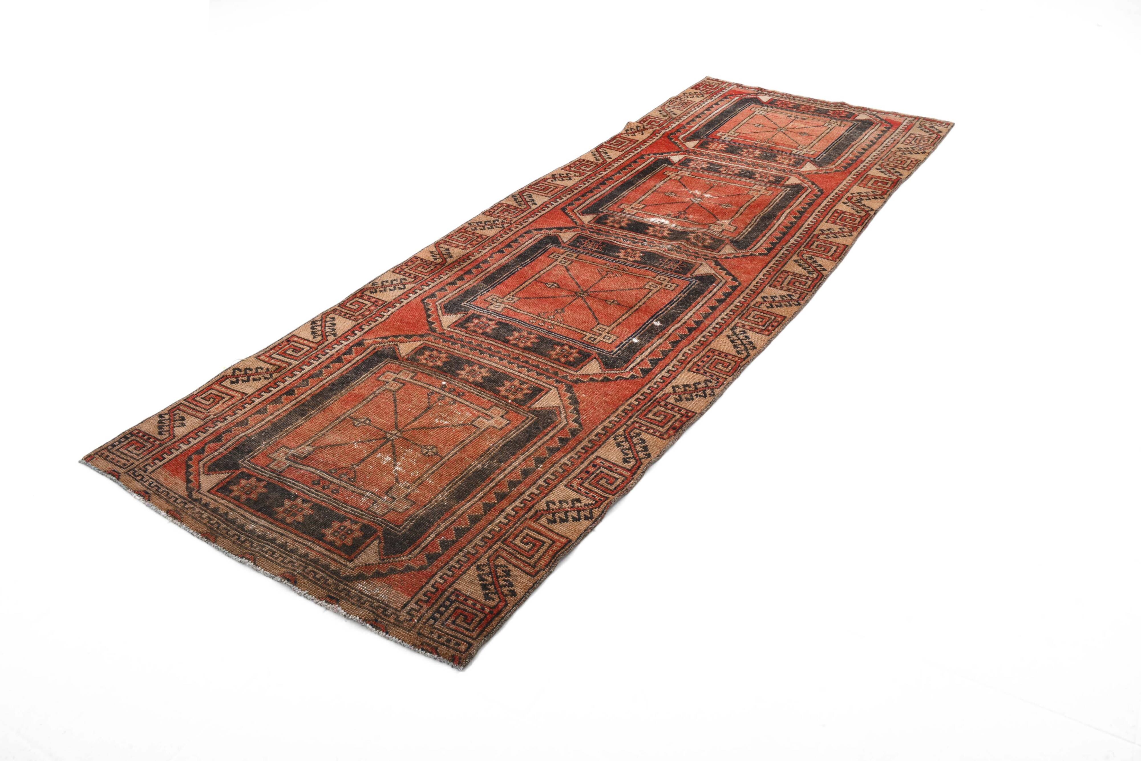 Tapis persan vintage rouge et noir 3x9, 103x287 cm