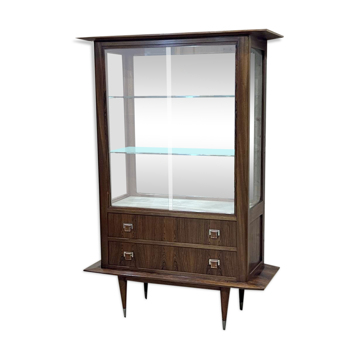 60s showcase in rosewood, mahogany and leather handles