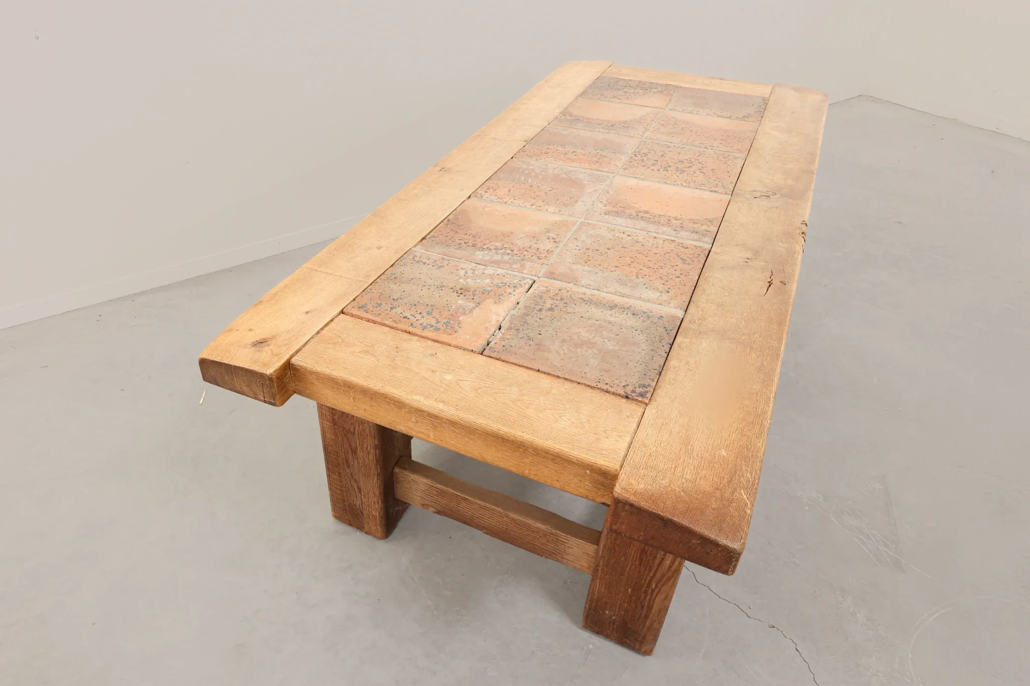 Brutalist Oak Coffee Table with Red Terracotta Tiles, 1950s