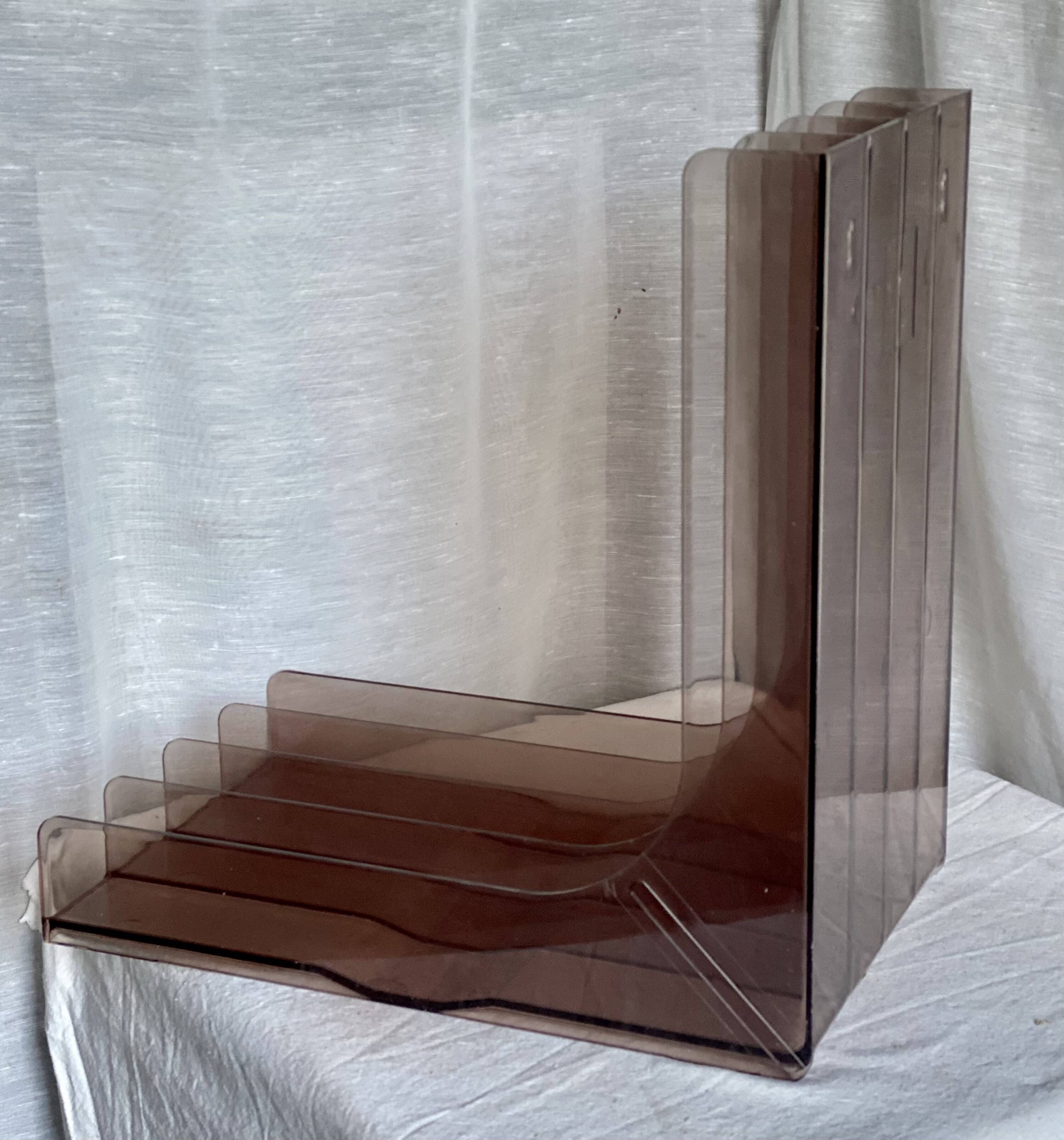 Vintage 1970s smoked Plexiglas vinyl record shelf unit