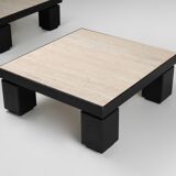 Set of 2 mid-century coffee tables in oak with travertine top