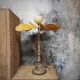 Turned wooden foot lamp and linen and rattan petals