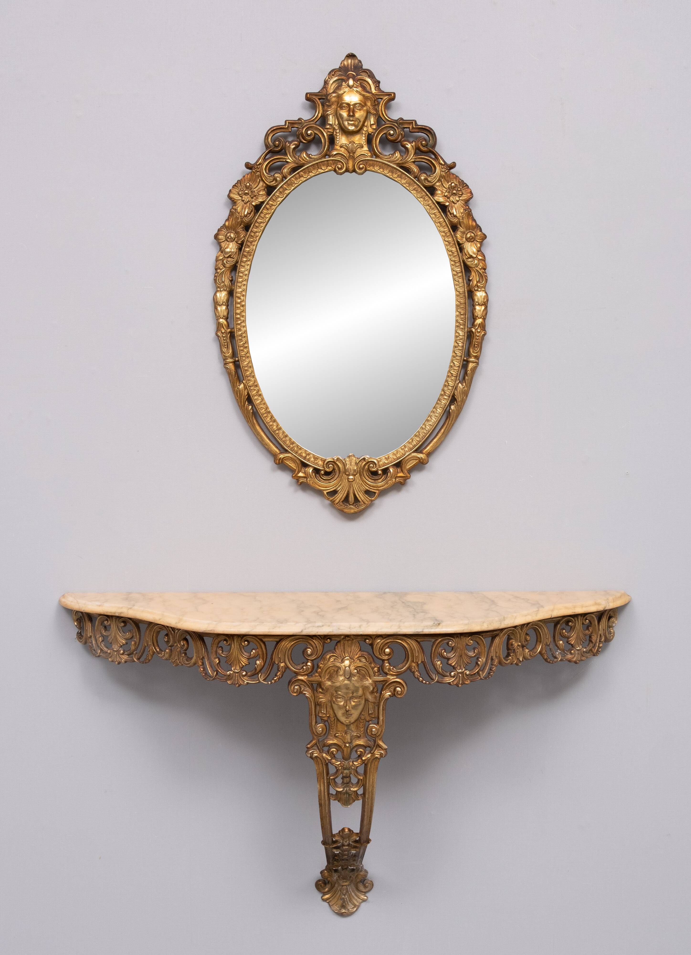Classic gilded brass console with oval mirror from the 1950s, Italy.
