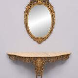 Classic gilded Brass console with oval mirror 1950s Italy