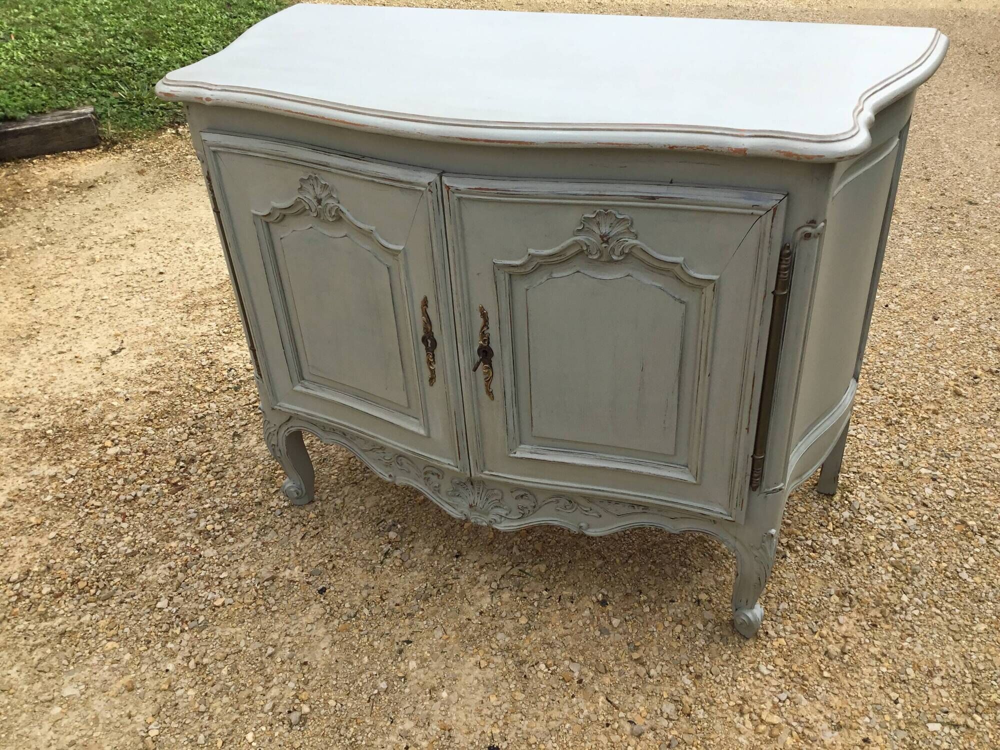 Louis XV style sideboard in cherry wood, revamped with Versailles parquet flooring