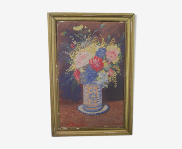 Ancienne peinture pot de fleur signée