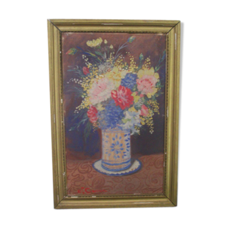 Ancienne peinture pot de fleur signée