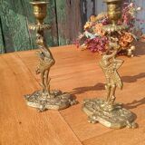 Bronze candlesticks, heron, Orientalist Art Deco