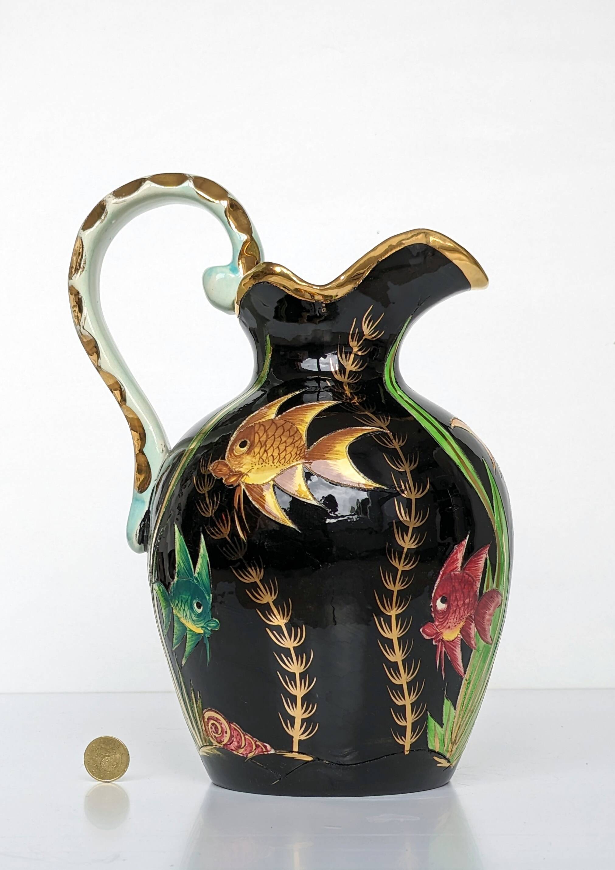 Large pitcher / Monaco vase in polychrome earthenware with bas relief decoration of fish on a seabed