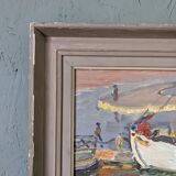 Mid-century modern "the dock" swedish seascape oil painting, framed