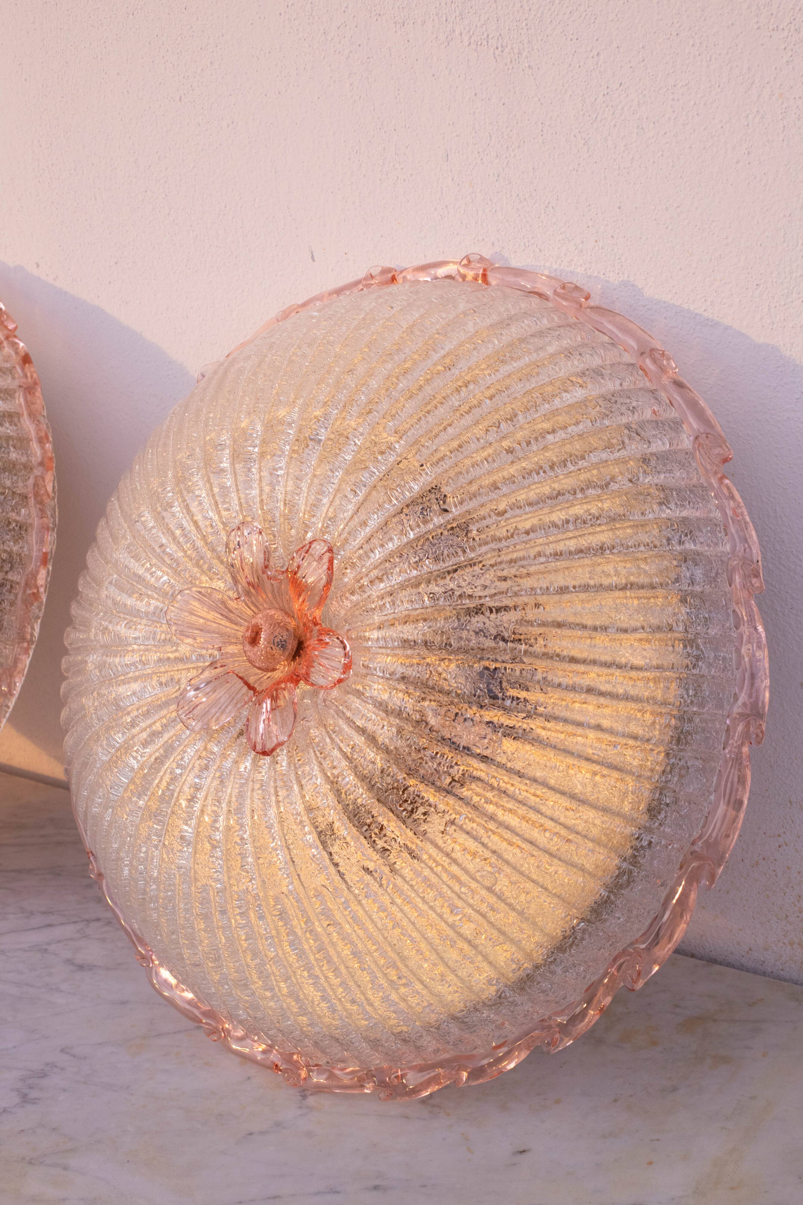 Set of 2 Large Size iItalian Pink and Murano Glass Ceiling Flower
