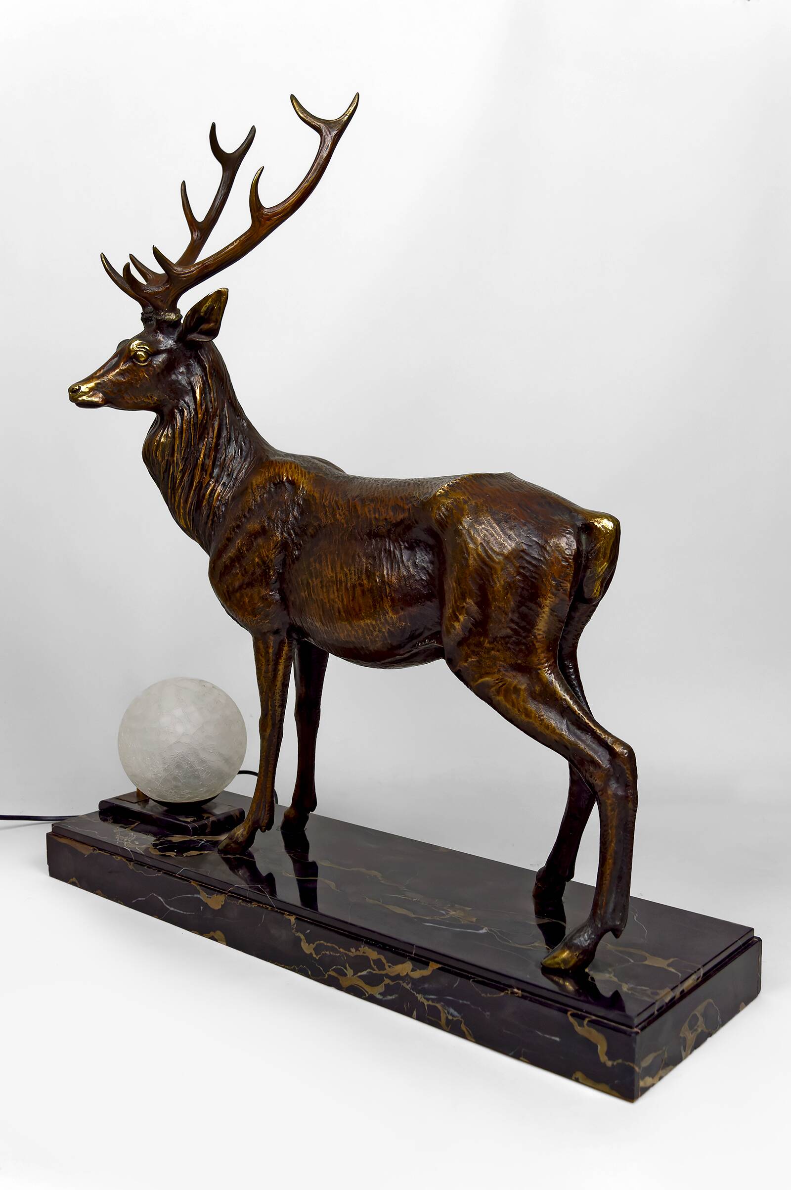 Important Bronze and Marble Sculptural Lamp, Deer, Art Deco, France