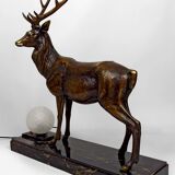 Importante Lampe Sculpturale en Bronze et Marbre, Cerf, Art Déco, France