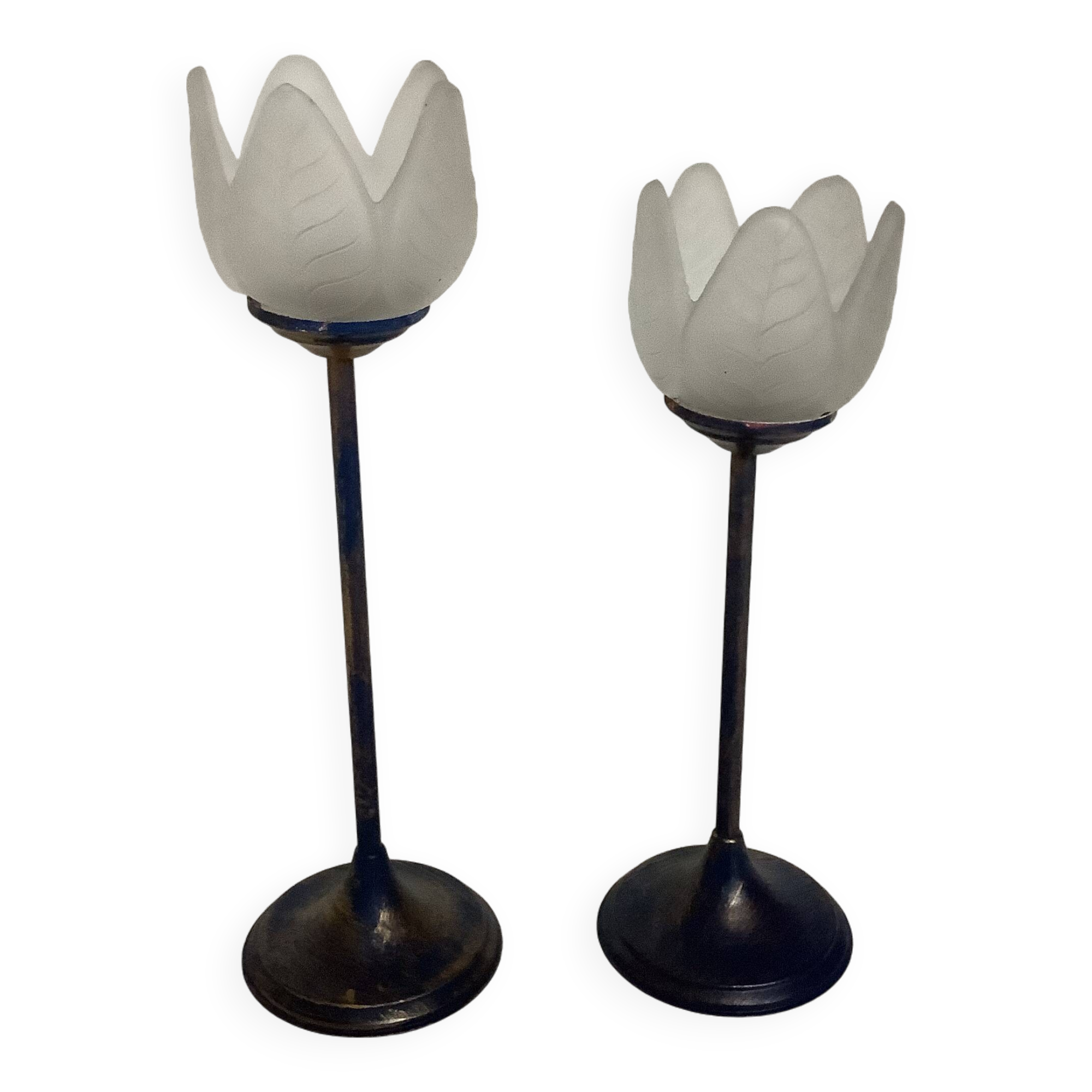 Pair of glass and metal flower candlesticks