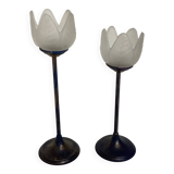 Pair of glass and metal flower candlesticks