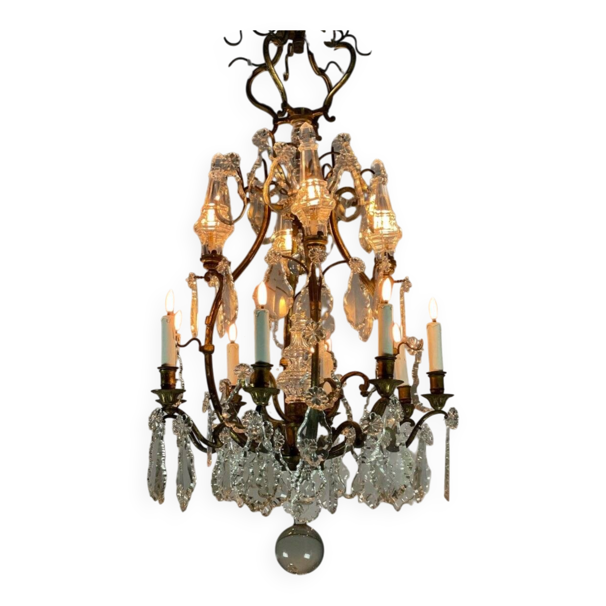 Bronze cage chandelier adorned with cut crystal pendants, 12 lights