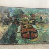 Barges in a signed canal
