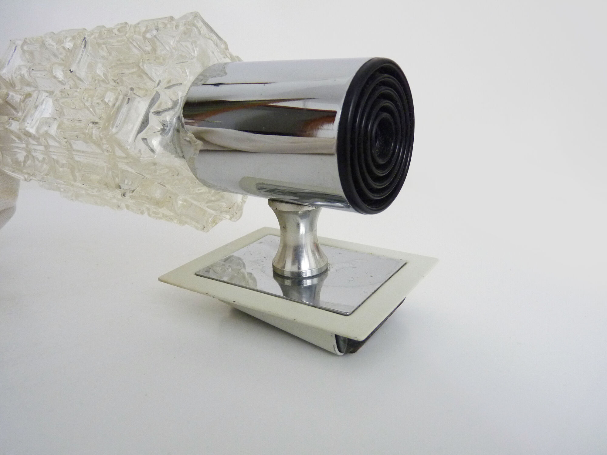 Pair of space age wall sconces, stainless steel and thick glass, 60s 70s
