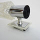 Pair of space age wall sconces, stainless steel and thick glass, 60s 70s