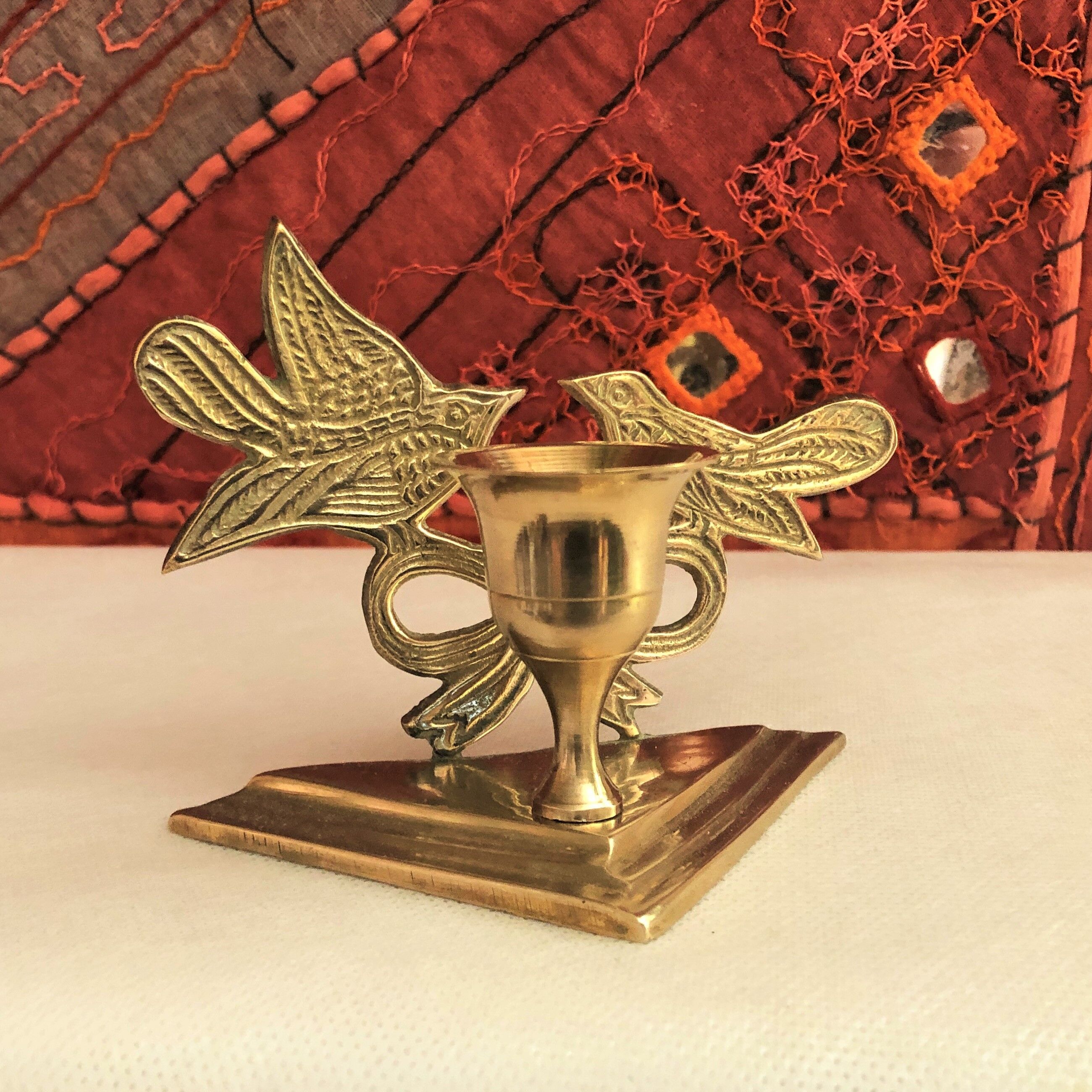 Bougeoir laiton doré décor oiseaux