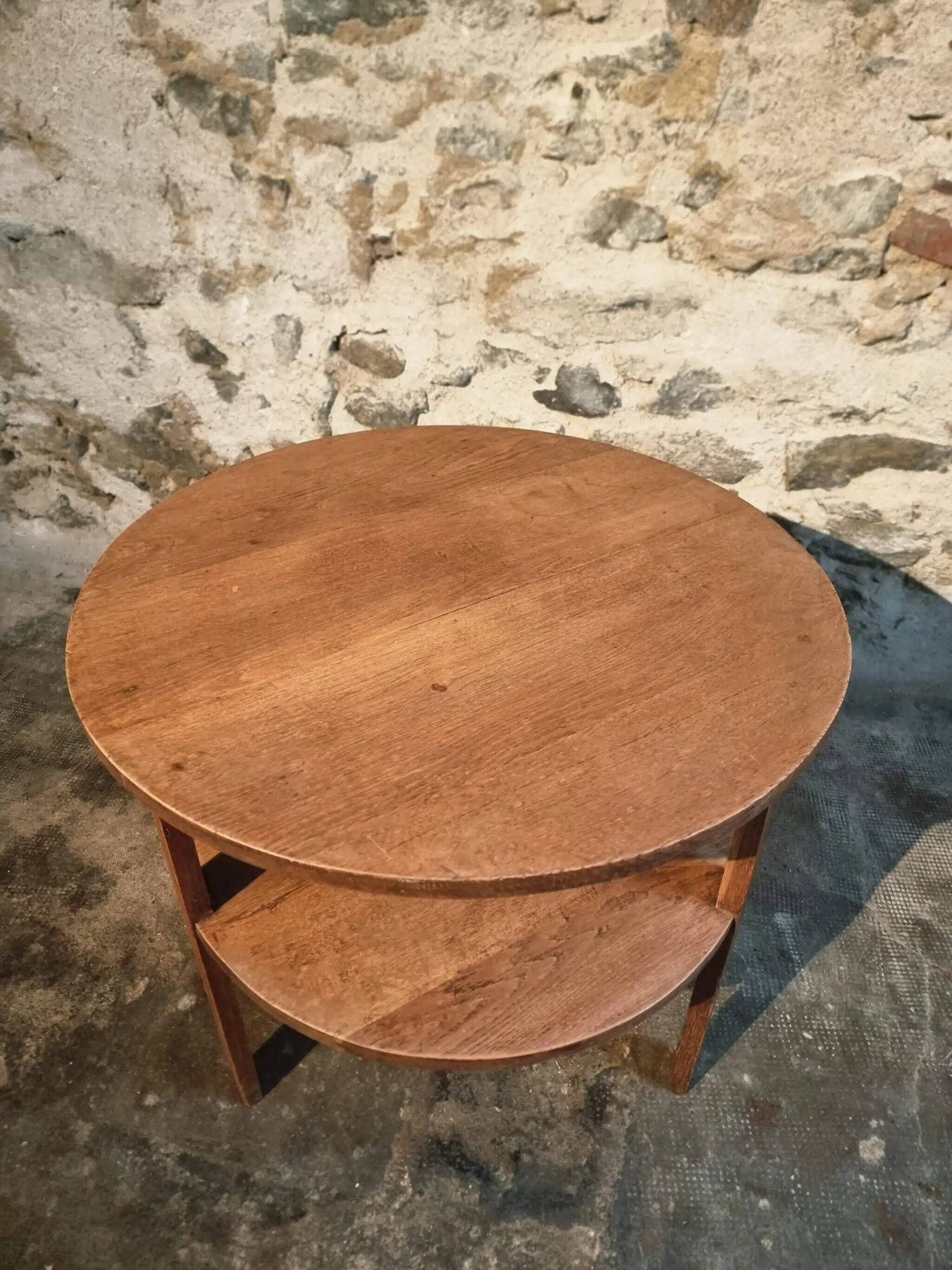 Vintage solid oak coffee table | 1930s round side table with shelf
