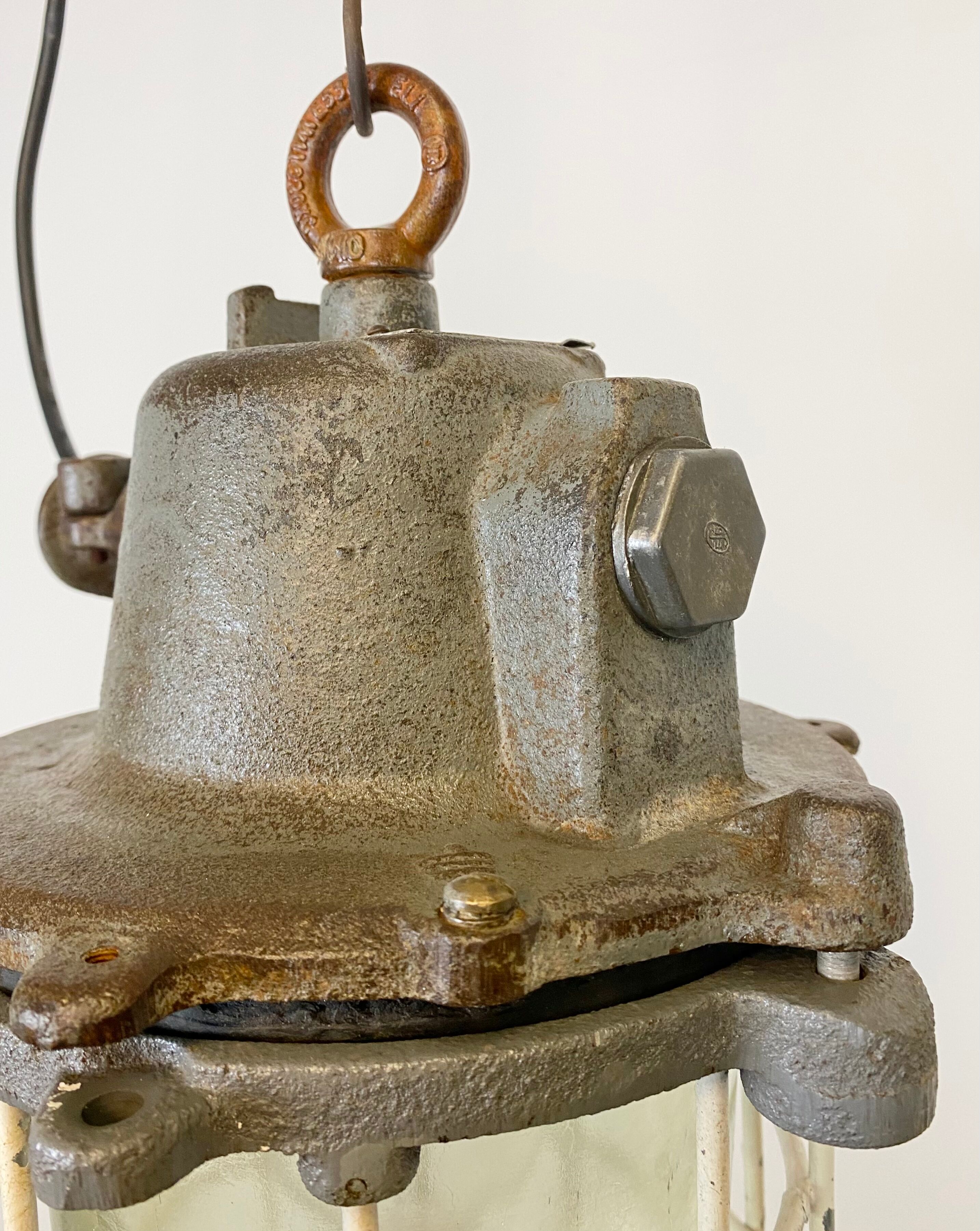 Grey cast iron industrial cage pendant light, 1970s