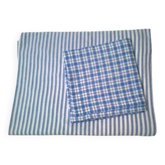 lot vintage : drap rayé 1 personne + taie d'oreiller à carreaux, tout coton, bleu et blanc