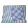 lot vintage : drap rayé 1 personne + taie d'oreiller à carreaux, tout coton, bleu et blanc