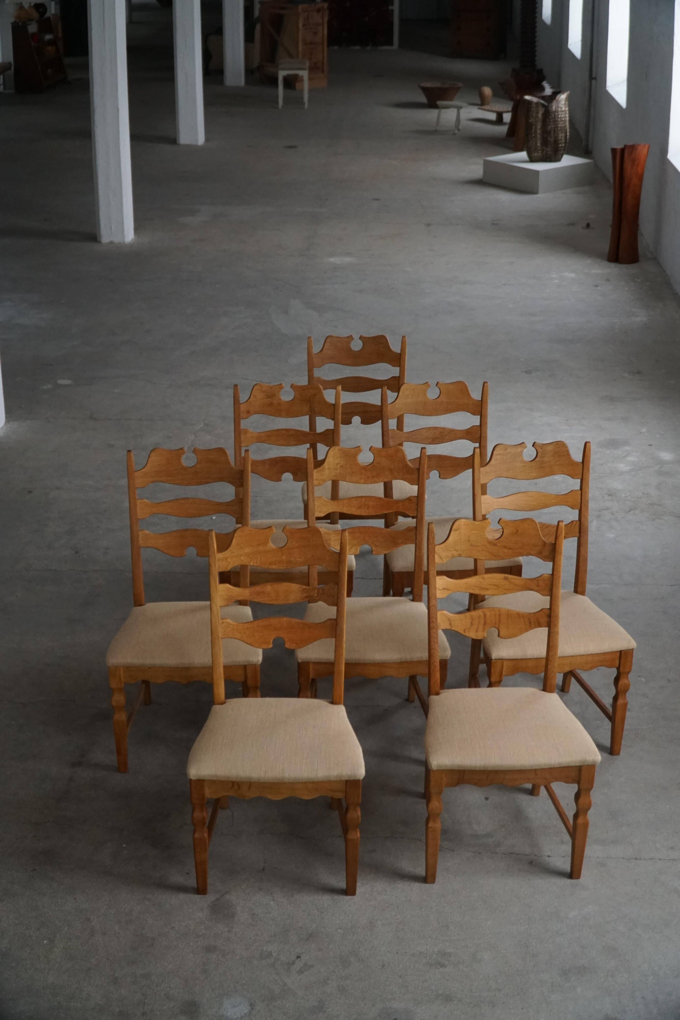 Set of 8 oak chairs with jute fabric, Henning Kjærnulf, mid-century Danish, 1960s.