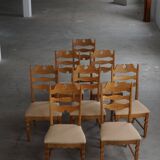 Set of 8 oak chairs with jute fabric, Henning Kjærnulf, mid-century Danish, 1960s.