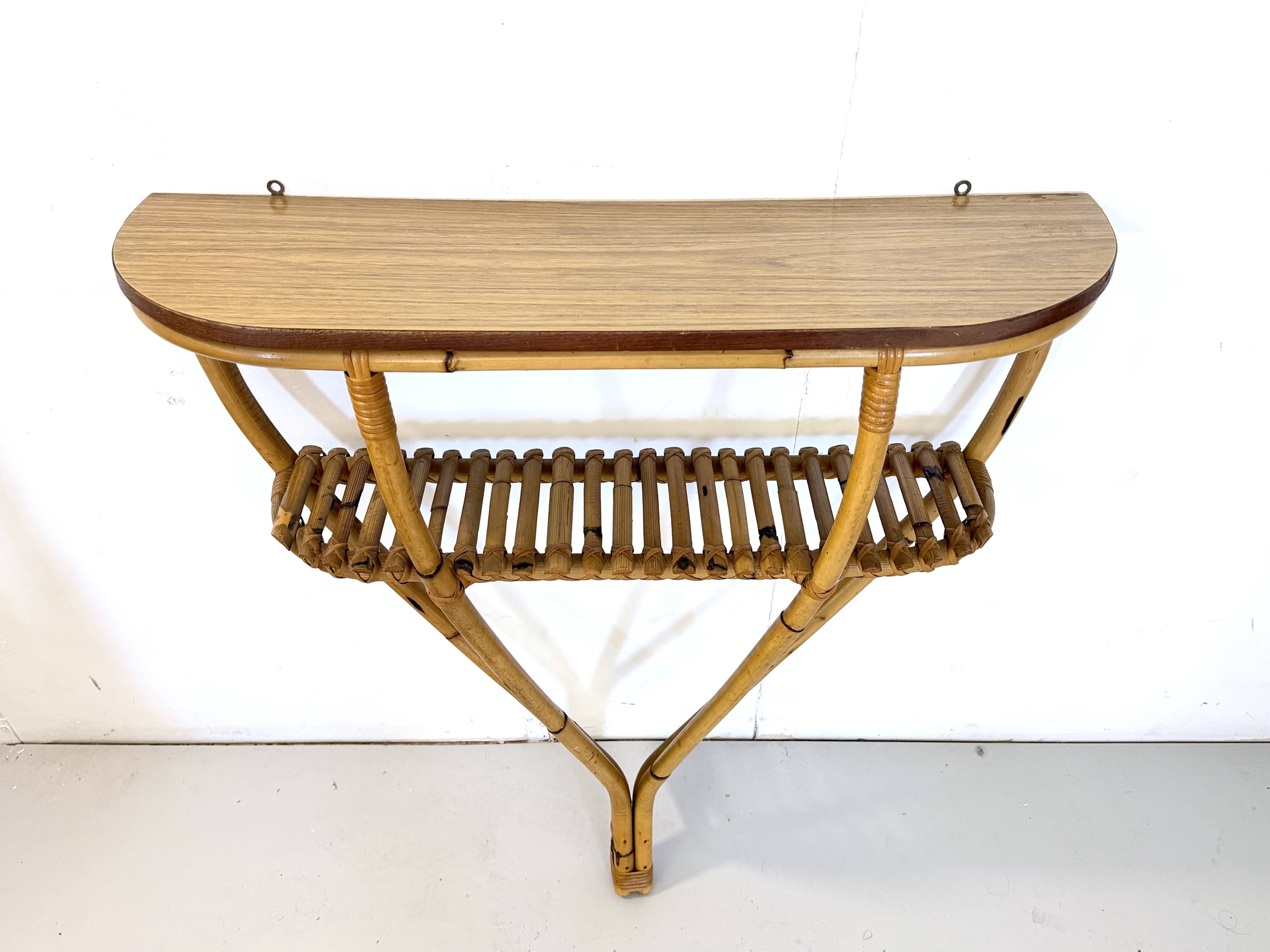 Bamboo and Formica Demilune Console Table with a Lower Shelf, Italy