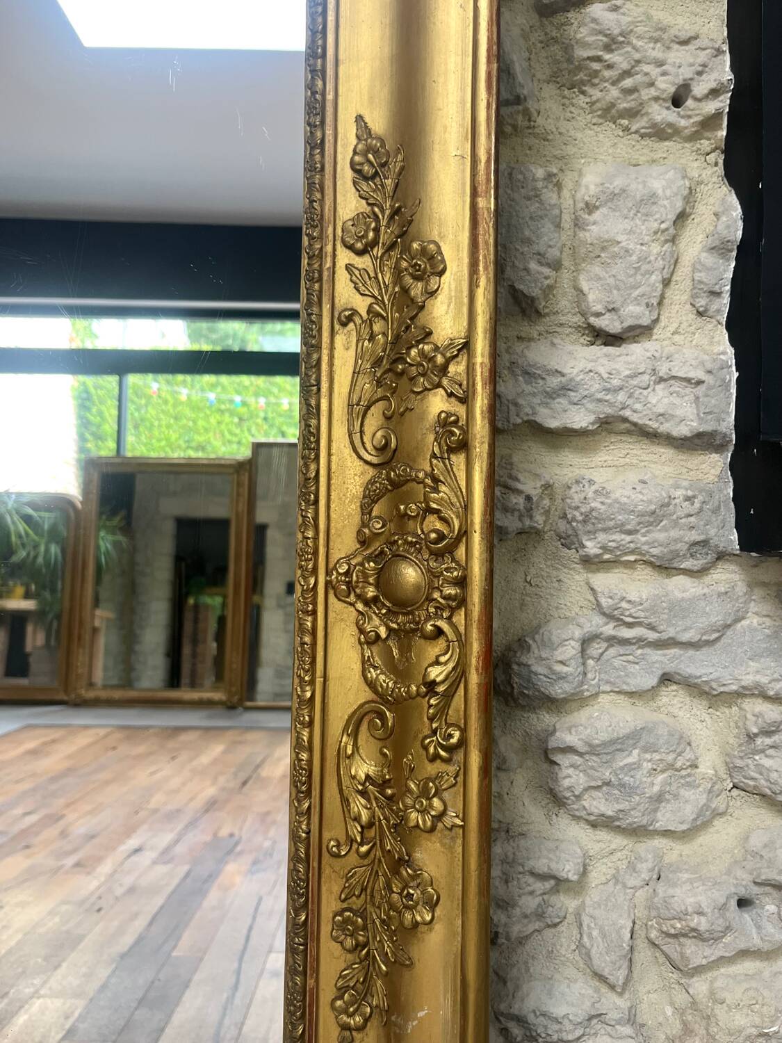 Antique fireplace mirror 144.5cm/131.5cm gold leaf and mercury
