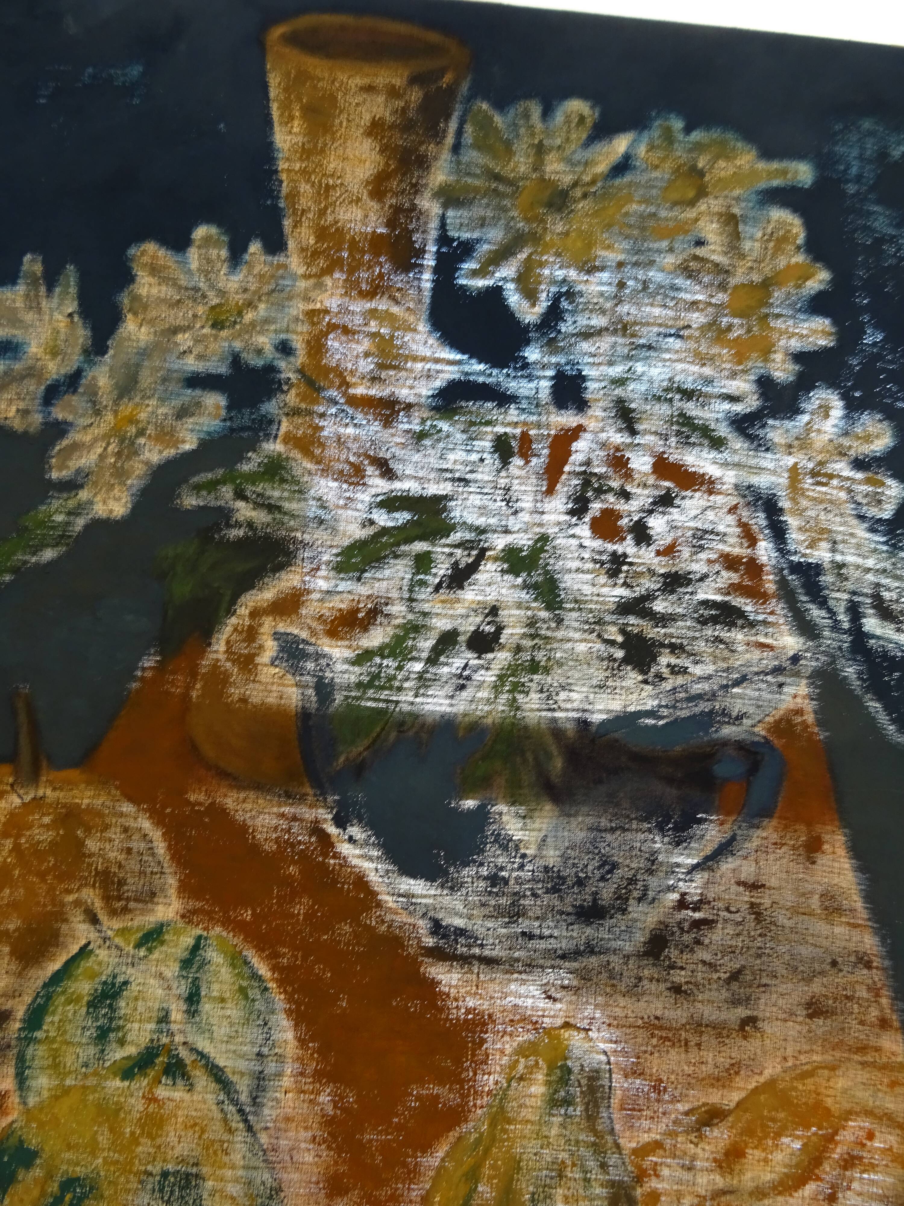 Tableau nature morte au bouquet de fleurs et légumes HST signé