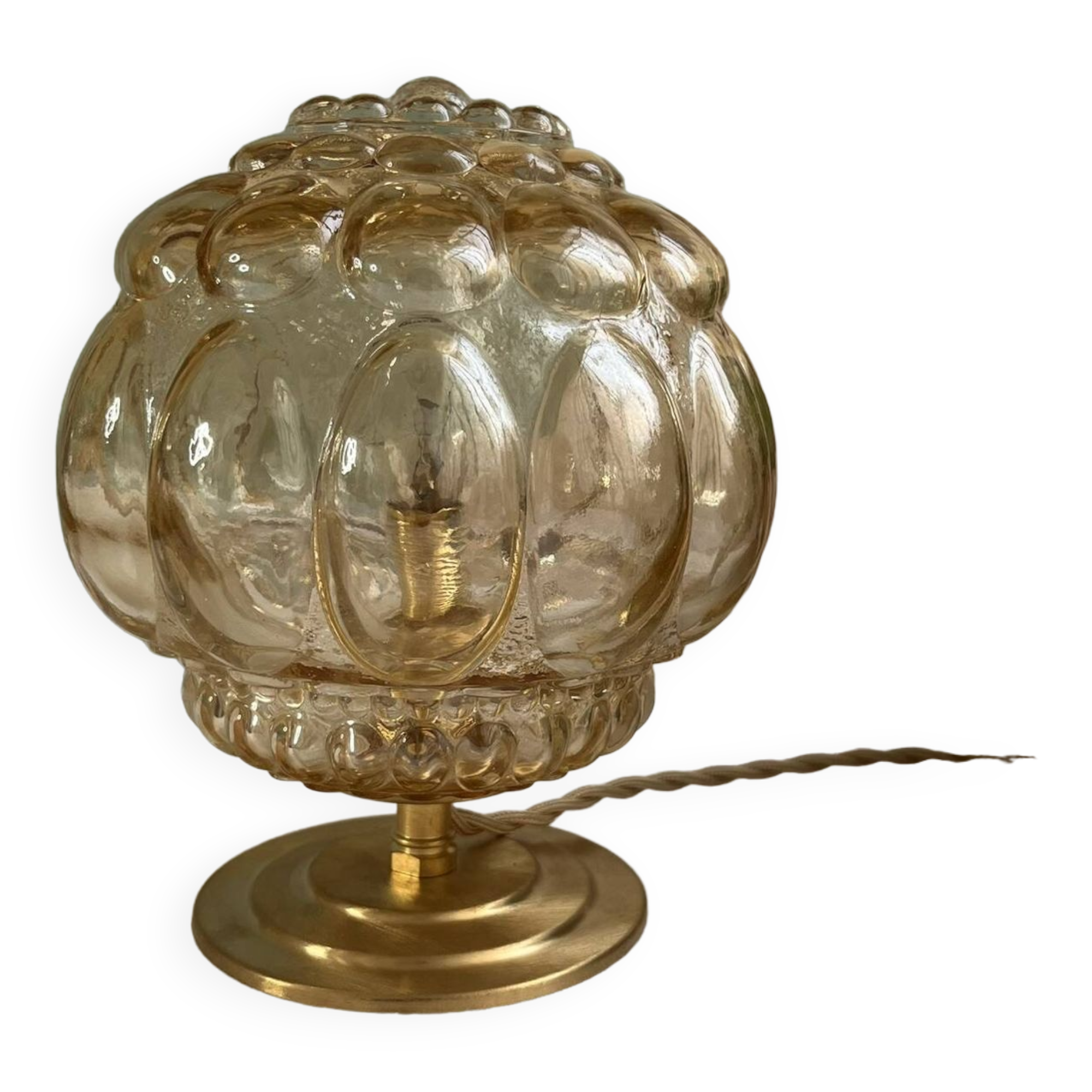 Vintage glass table lamp - amber bubble globe