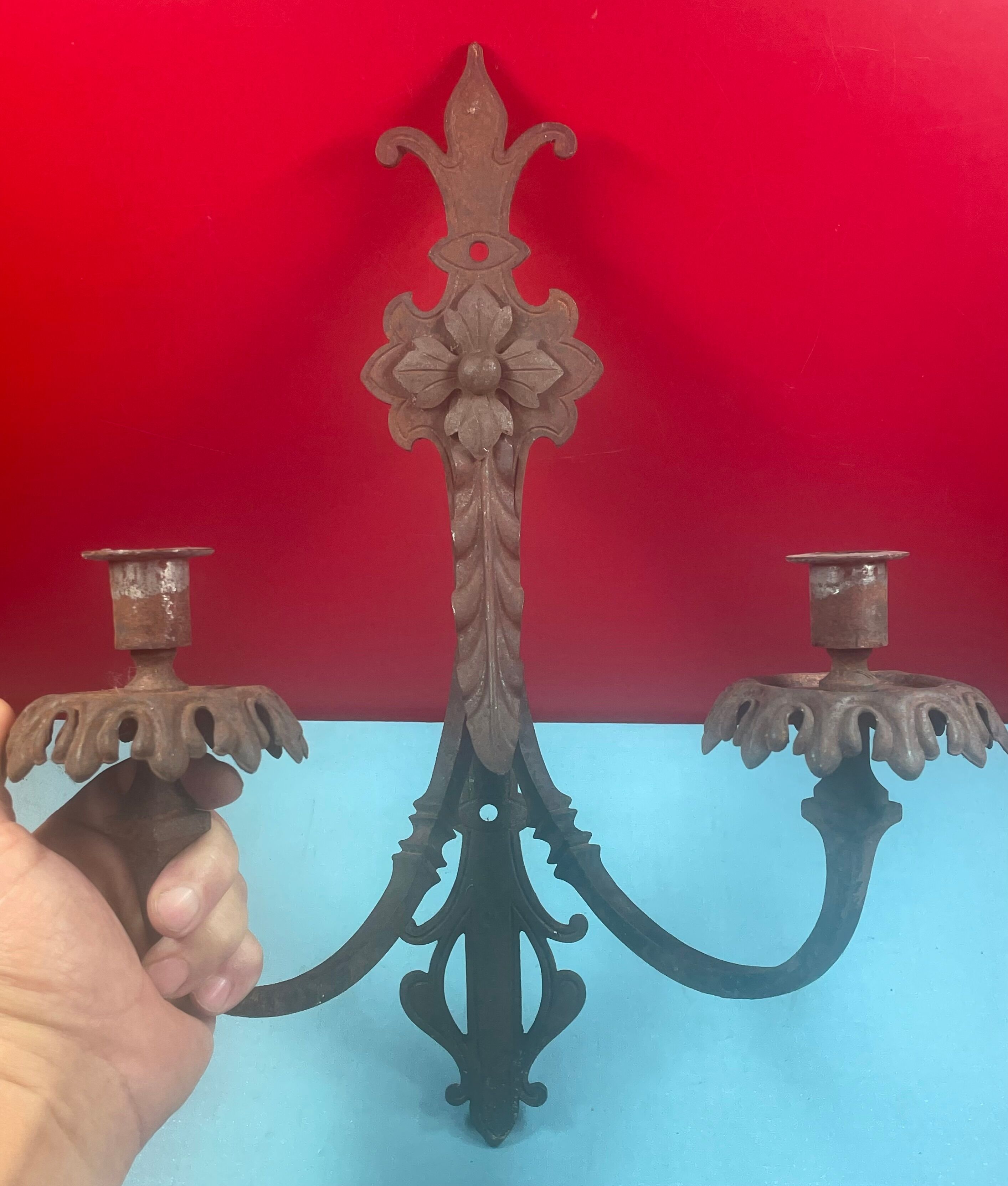 Large pair of non-electrified medieval style candle sconces rusty iron