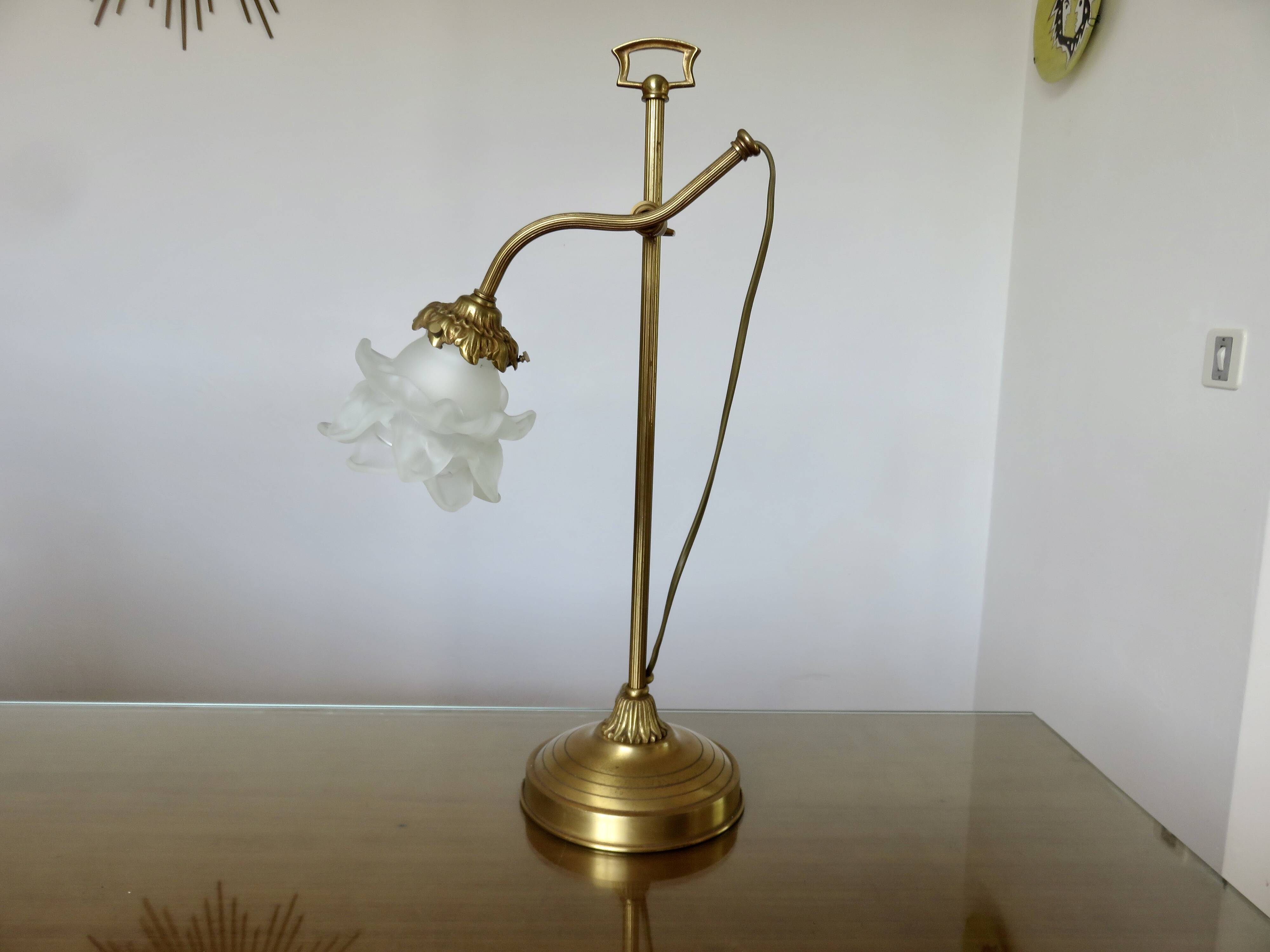 Large art nouveau brass lamp with frosted glass tulip in the shape of a rose