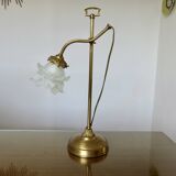 Large art nouveau brass lamp with frosted glass tulip in the shape of a rose