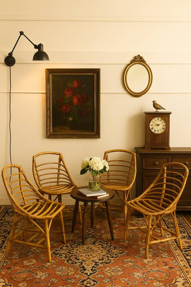 4 chaises boules en rotin vintage