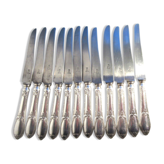 12 Louis XV table knives, steel blade signed JB Boulenger, silver handle