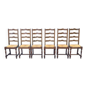 6 chaises bois massif chêne foncé brillant et paille