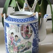 Japanese fine porcelain teapot, Geisha/cherry blossom patterns, Bamboo imitation handle
