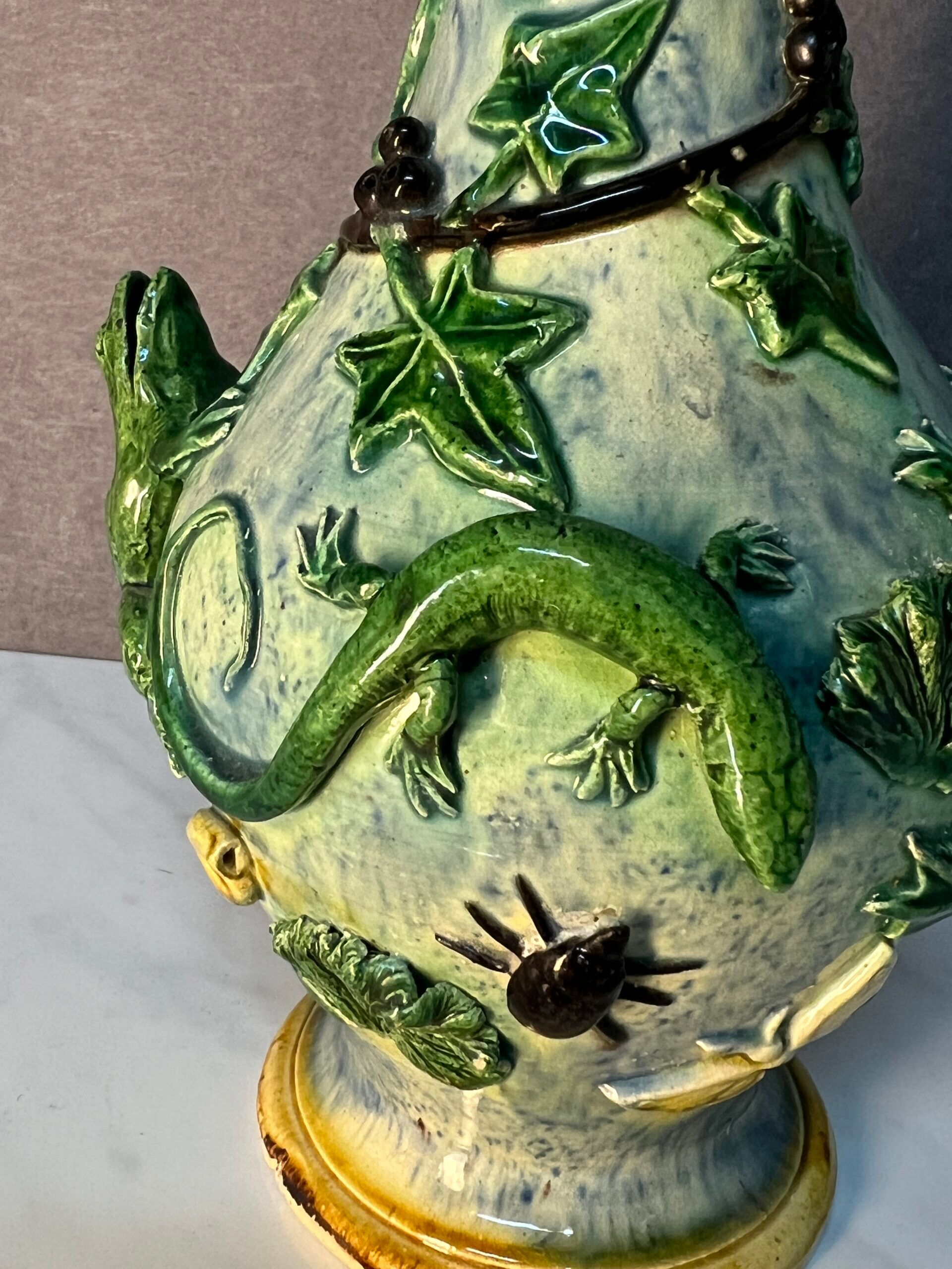 Majolica Palissy vase, dating from the Victorian era circa 1890