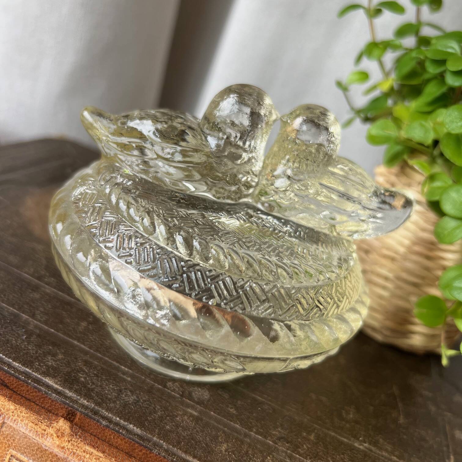 Glass butter dish with "birds" design