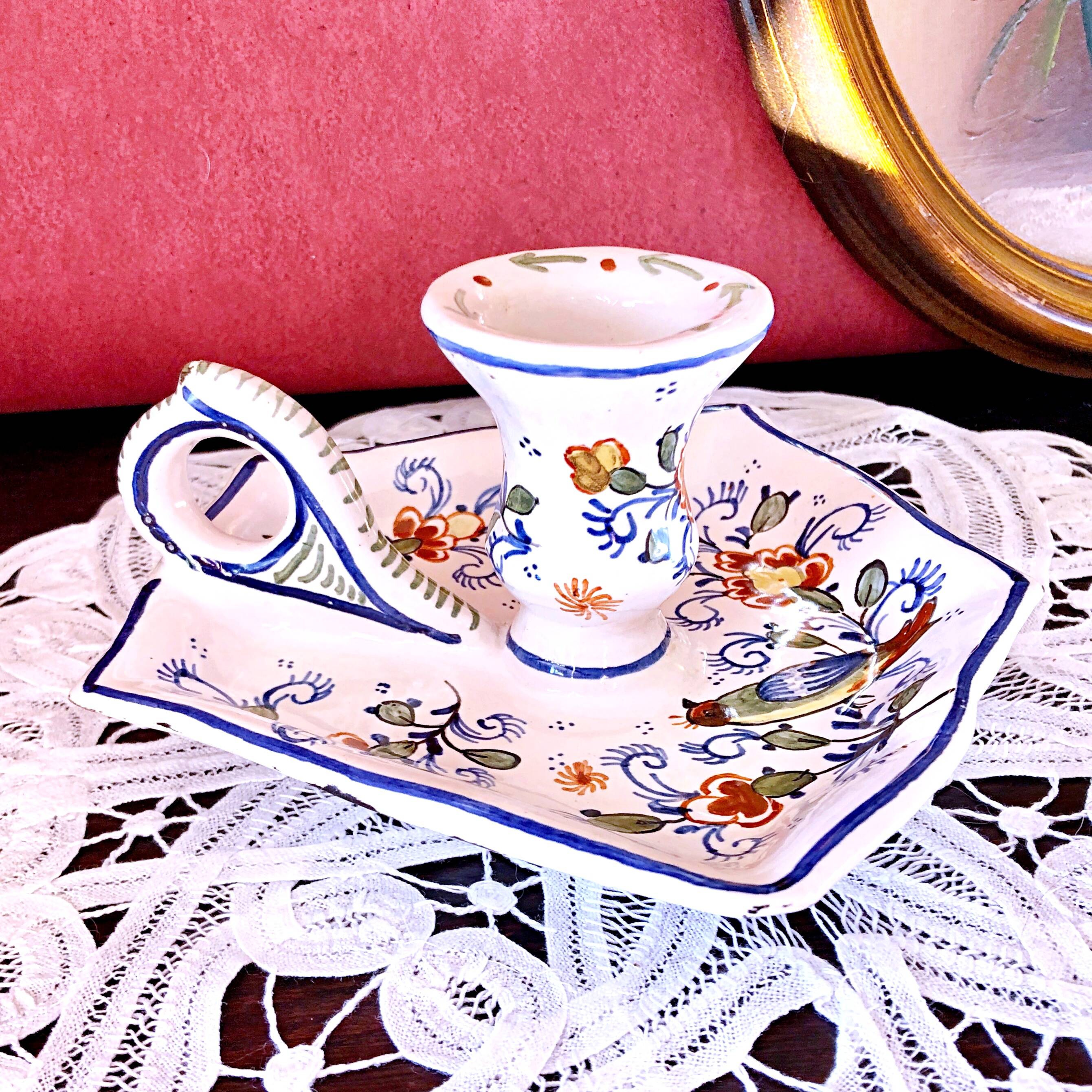 Handcrafted enameled ceramic candle holder signed vintage Rouen style decor