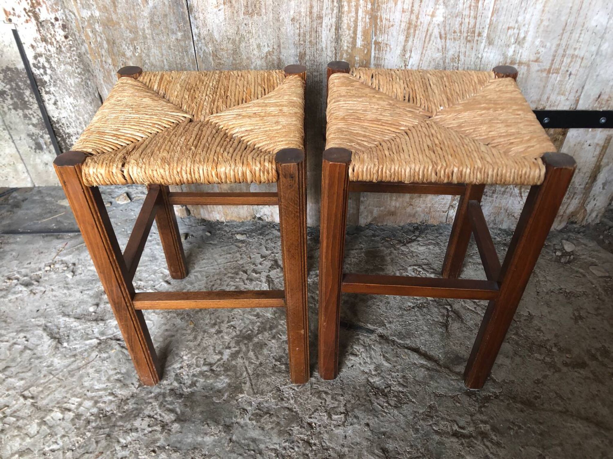 Pair of Old Carved Wood Stool + Vintage Straw Seat #A630