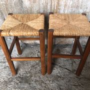 Pair of Old Carved Wood Stool + Vintage Straw Seat #A630