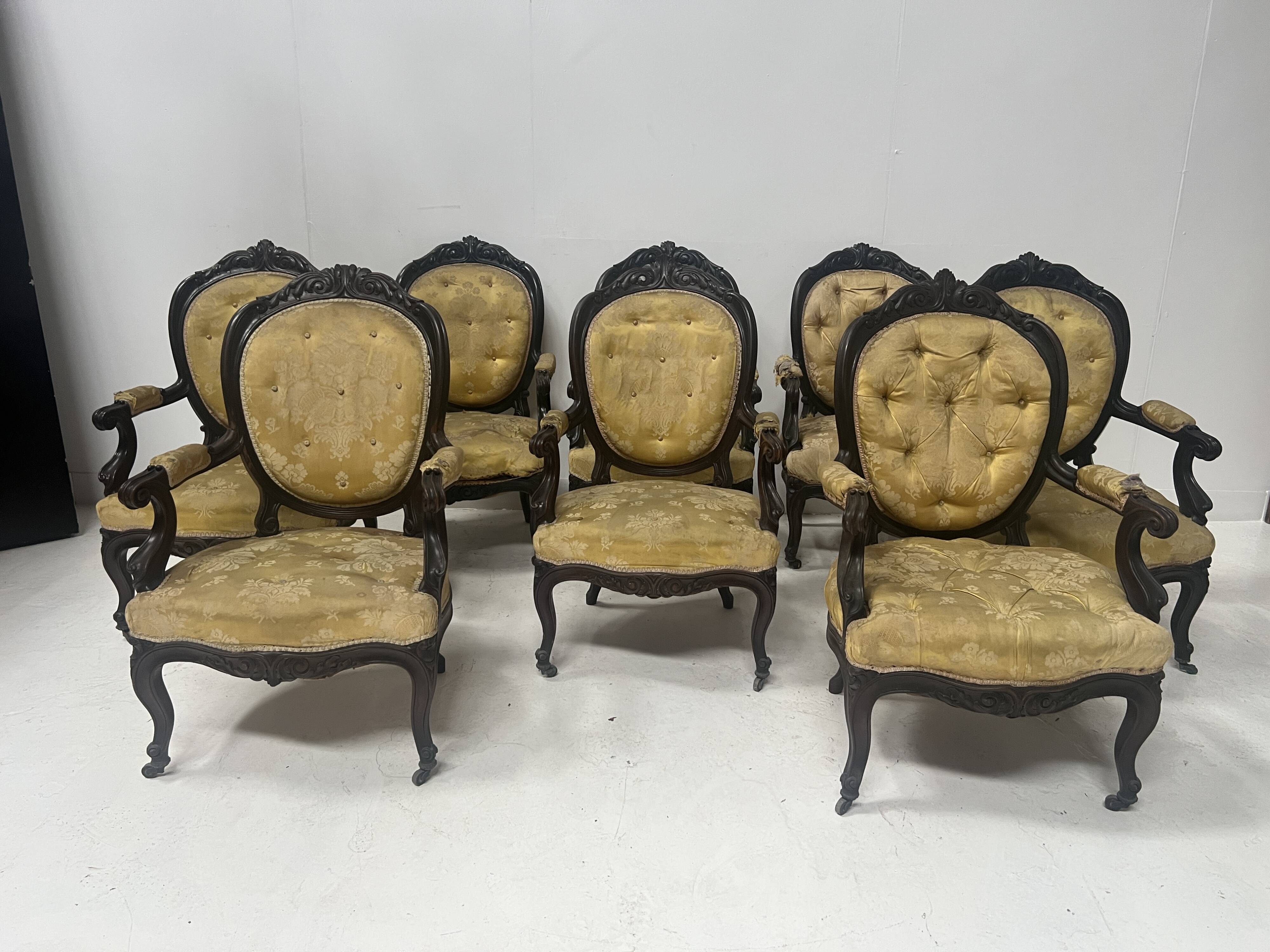 Set of eight Napoleon III style Louis XV armchairs in rosewood, 20th century.